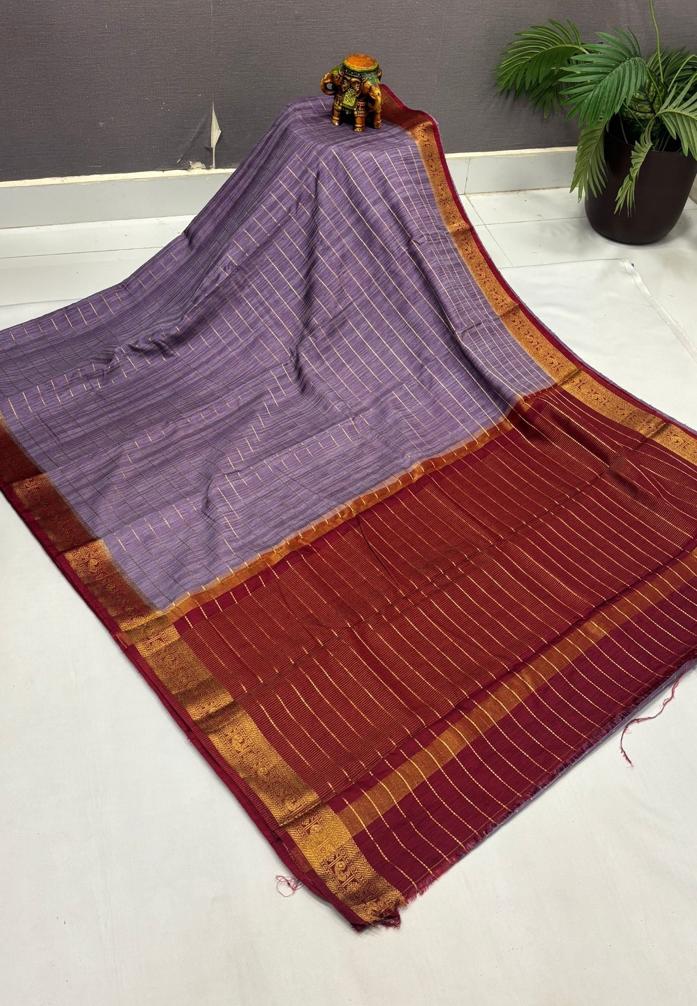 Semi Raw Silk Saree-Grey in Zari Lines with Contrast Annam Border