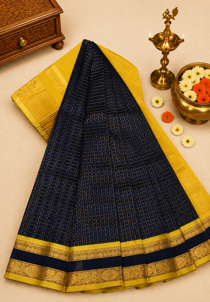 Pure Silk Cotton Saree-Navy Blue in Zari Checks with Contrast Border