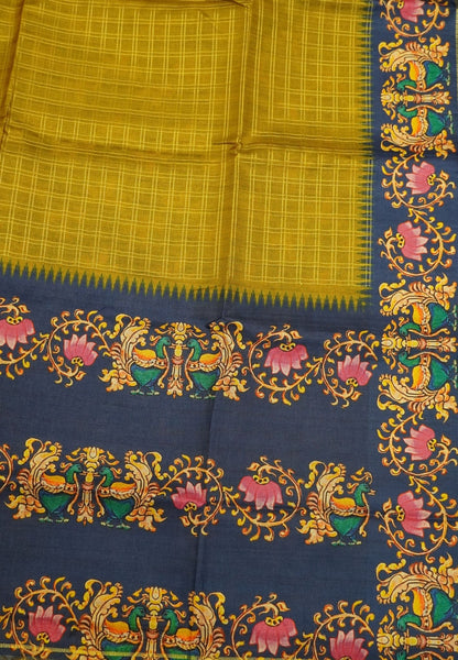Premium Matka Tussar Saree-Mehandi Green with Contrast Border in Tanjore Print