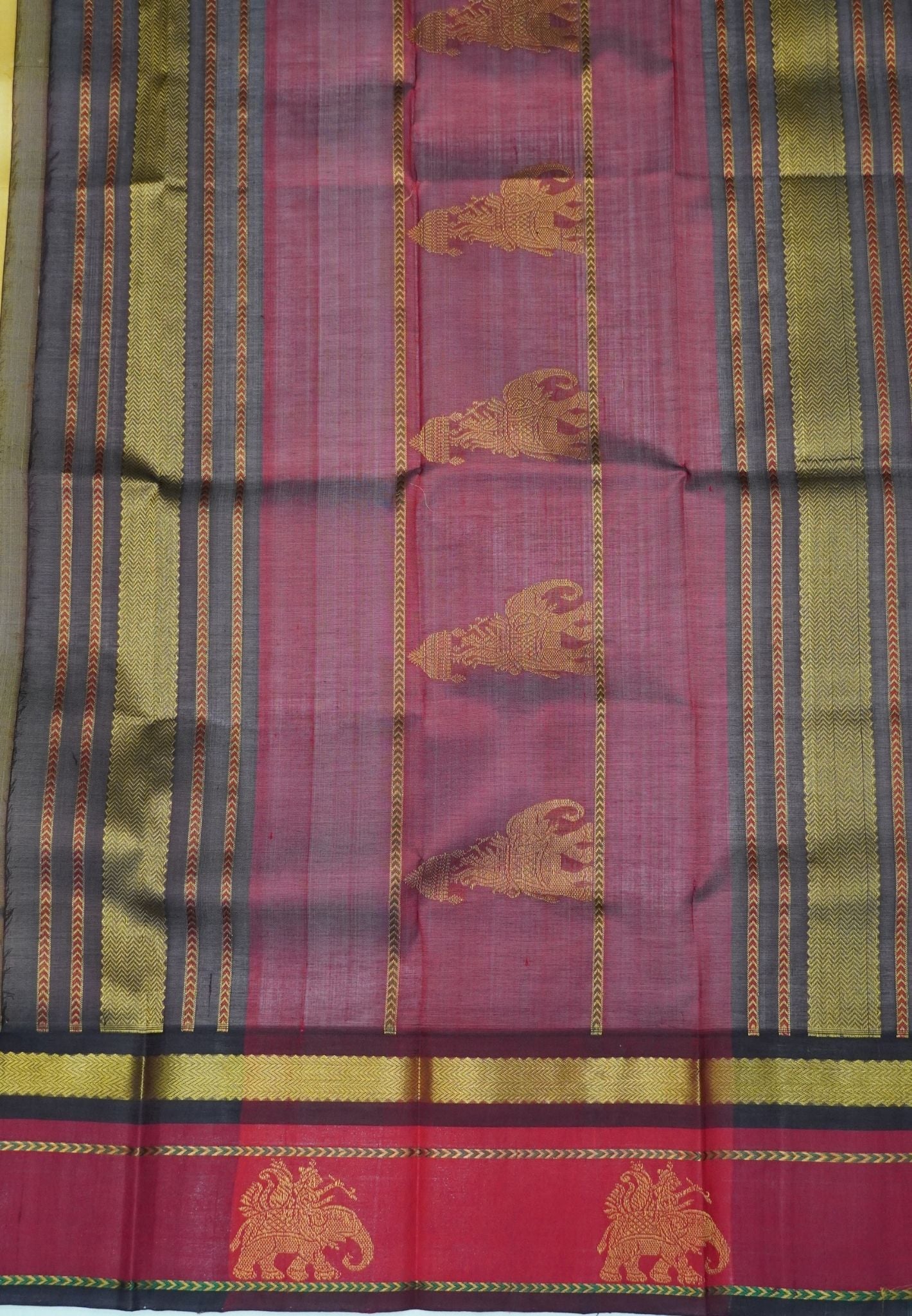 Pure Silk Cotton Saree – Sandal with Maroon Traditional Yali Border