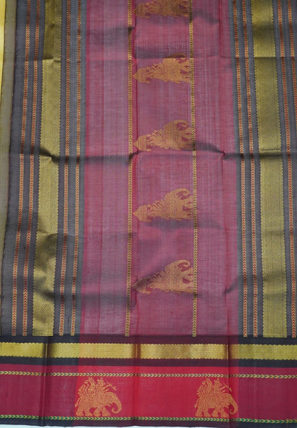 Pure Silk Cotton Saree – Sandal with Maroon Traditional Yali Border