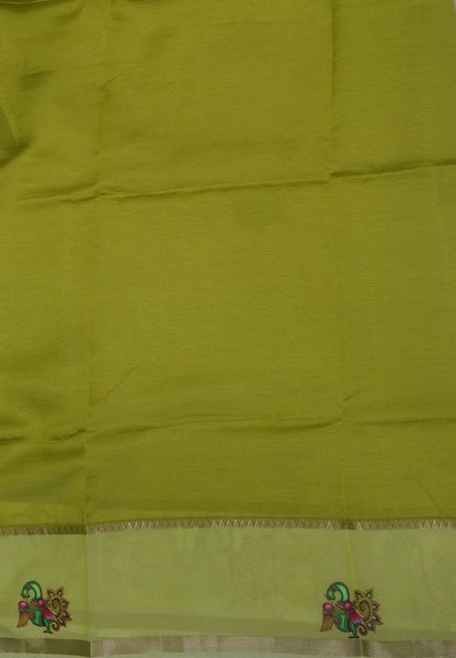 Pure Mangalgiri Silk Saree-Beige in Tanjore Print with Retapet Border