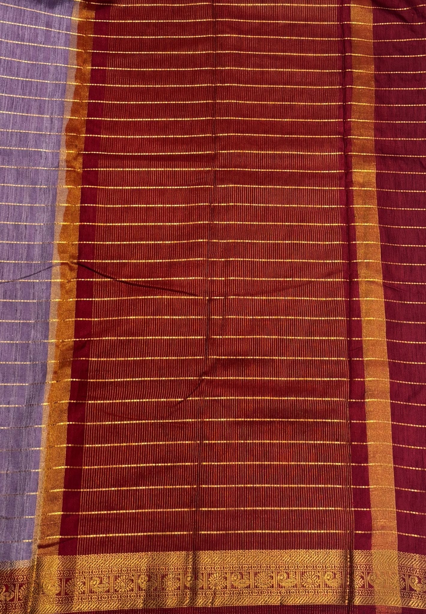 Semi Raw Silk Saree-Grey in Zari Lines with Contrast Annam Border