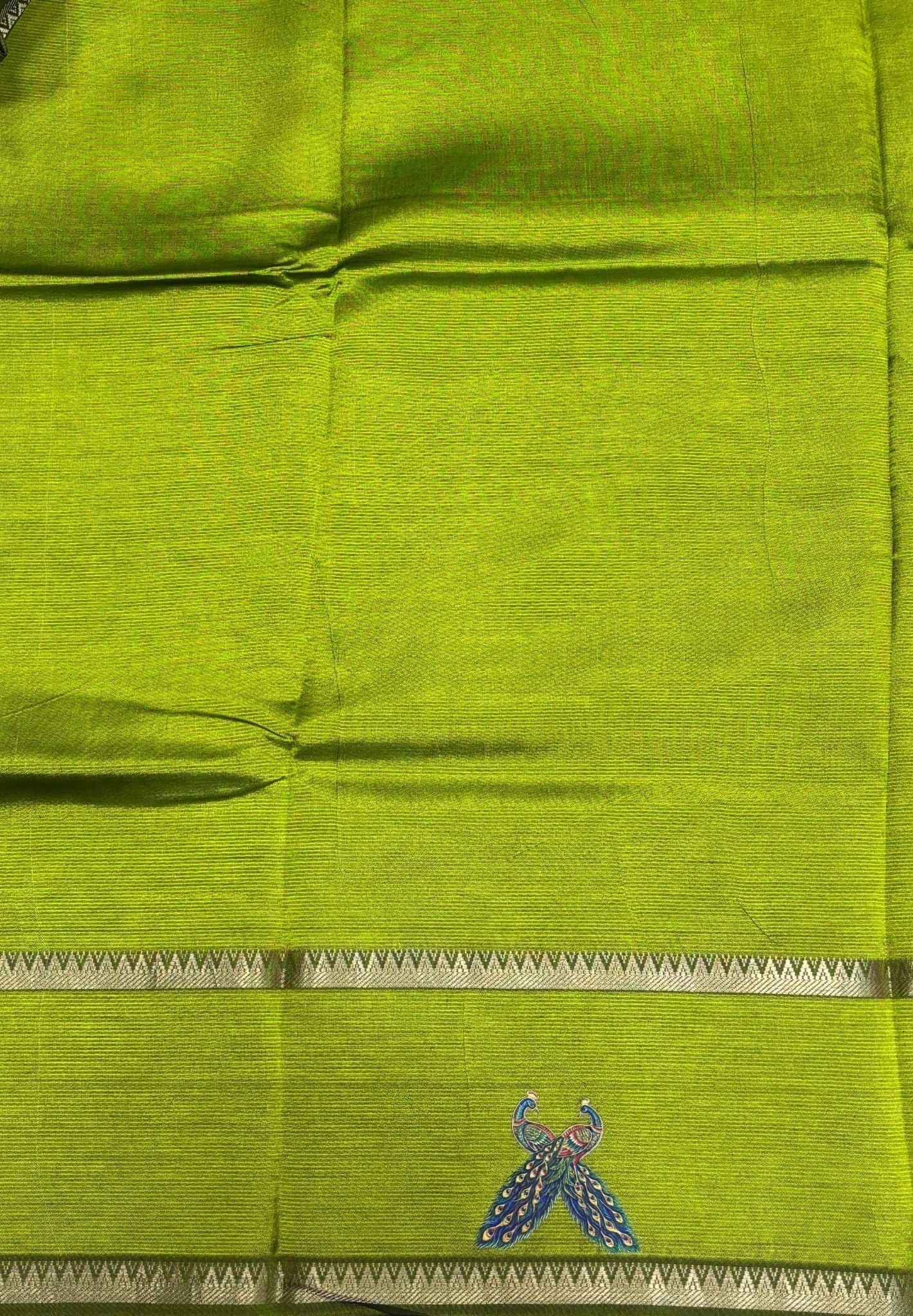 Pure Mangalgiri Silk Saree-Olive Green with Tanjore Print