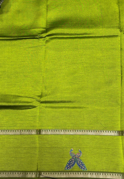 Pure Mangalgiri Silk Saree-Olive Green with Tanjore Print