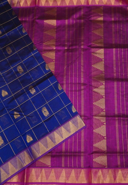 Pure Silk Cotton Saree – MS Blue in Checkered Annapakshi Buttas with Contrast Tower Border