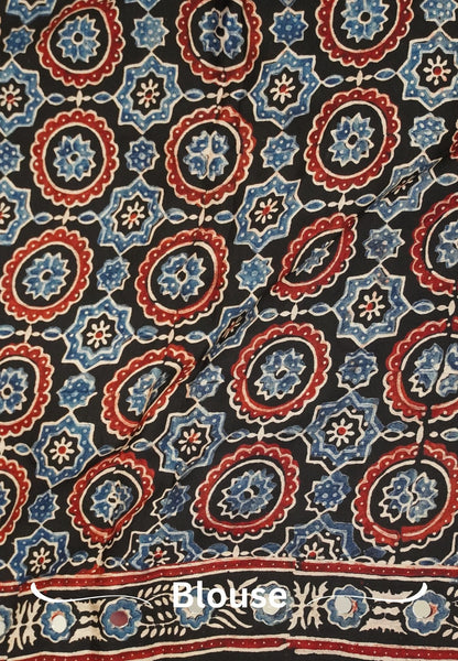 Pure Modal Silk Saree-Original Mirror Work &Traditional Printed Motifs - Black with blue
