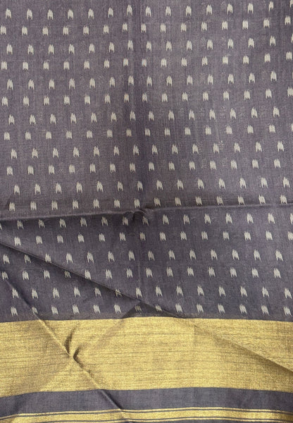Semi Tussar Saree-Greyish Blue In Geometric Ikat Butta Zari Border