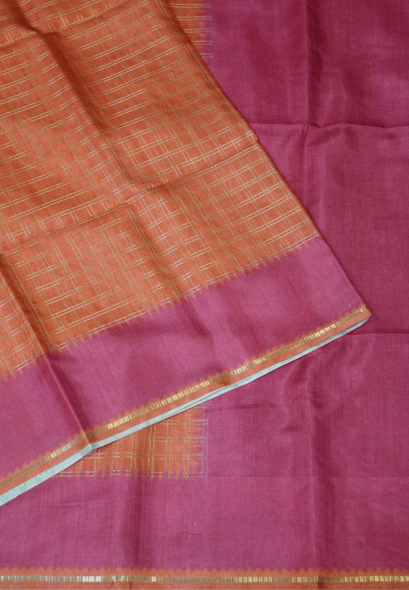 Semi Matka Tussar Saree-Orange with Contrast Border and Zari Checks
