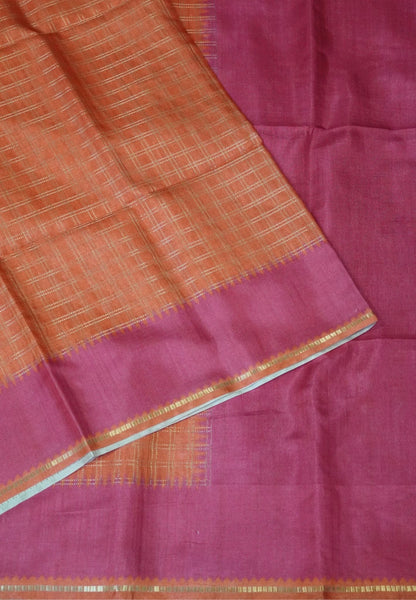Semi Matka Tussar Saree-Orange with Contrast Border and Zari Checks