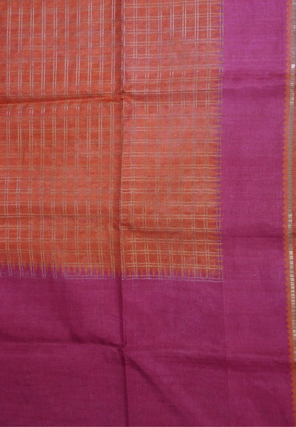 Semi Matka Tussar Saree-Orange with Contrast Border and Zari Checks