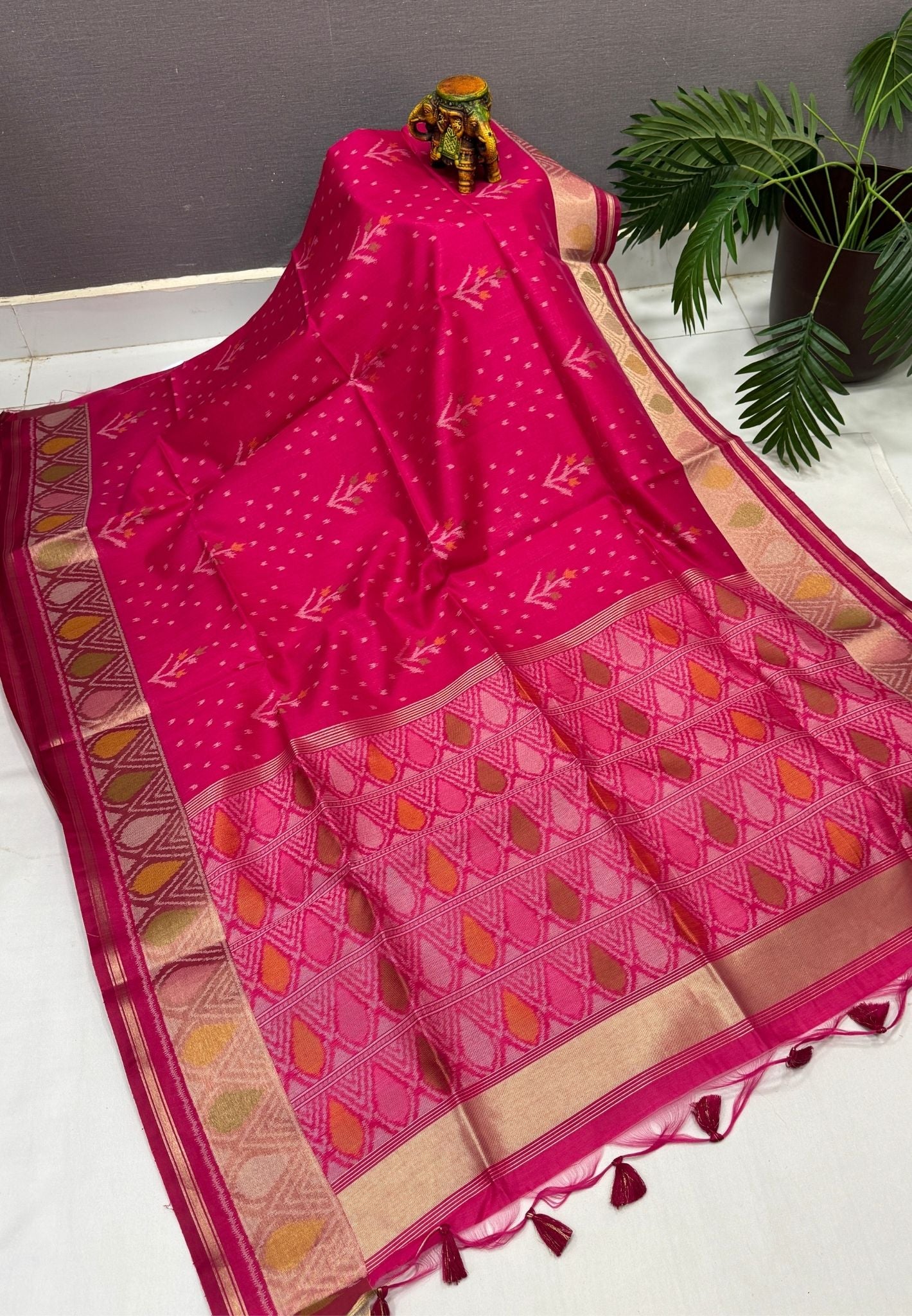 Semi Tussar Saree-Rani Pink In Geometric Ikat Butta Zari Border