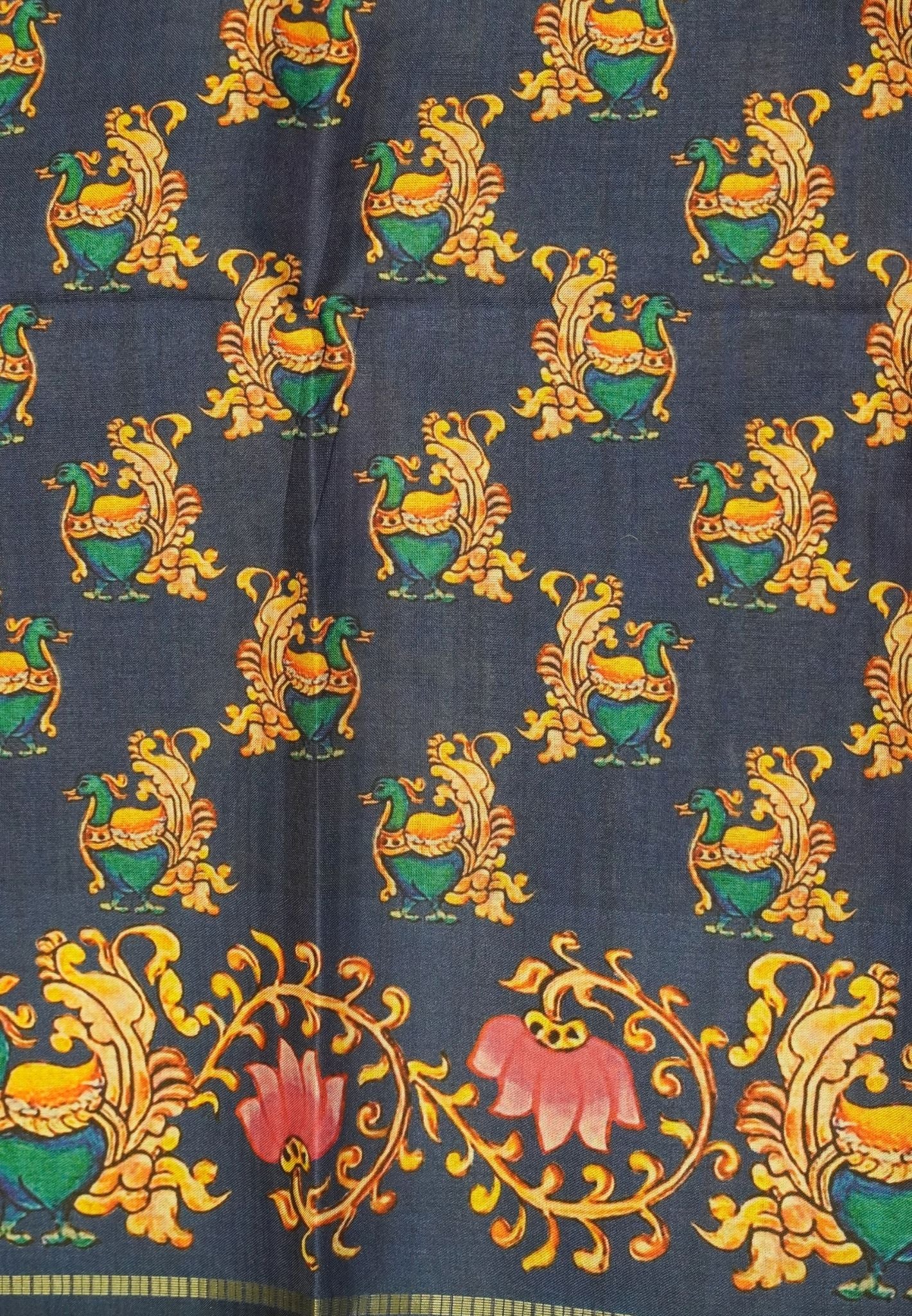Premium Matka Tussar Saree-Mehandi Green with Contrast Border in Tanjore Print