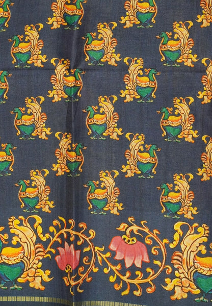 Premium Matka Tussar Saree-Mehandi Green with Contrast Border in Tanjore Print
