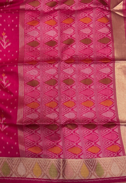Semi Tussar Saree-Rani Pink In Geometric Ikat Butta Zari Border