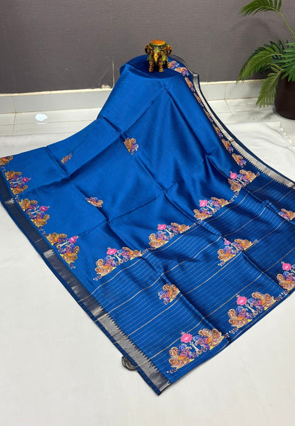 Pure Mangalgiri Silk Saree-Peacock Blue with Tanjore Print
