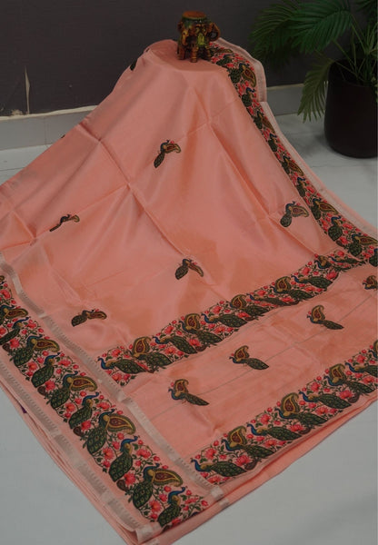 Pure Mangalgiri Silk Saree-Light Peach in Tanjore Print with Retapet Border