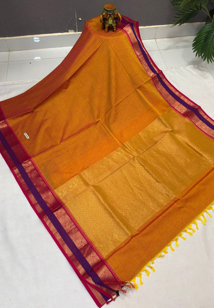 Rich Kanchi Cotton Saree-Mango Yellow in Checkered Pattern with Contrast Border