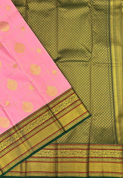 Budget Kanchipuram Saree-Baby Pink In Floral Zari Panel With Contrast Border