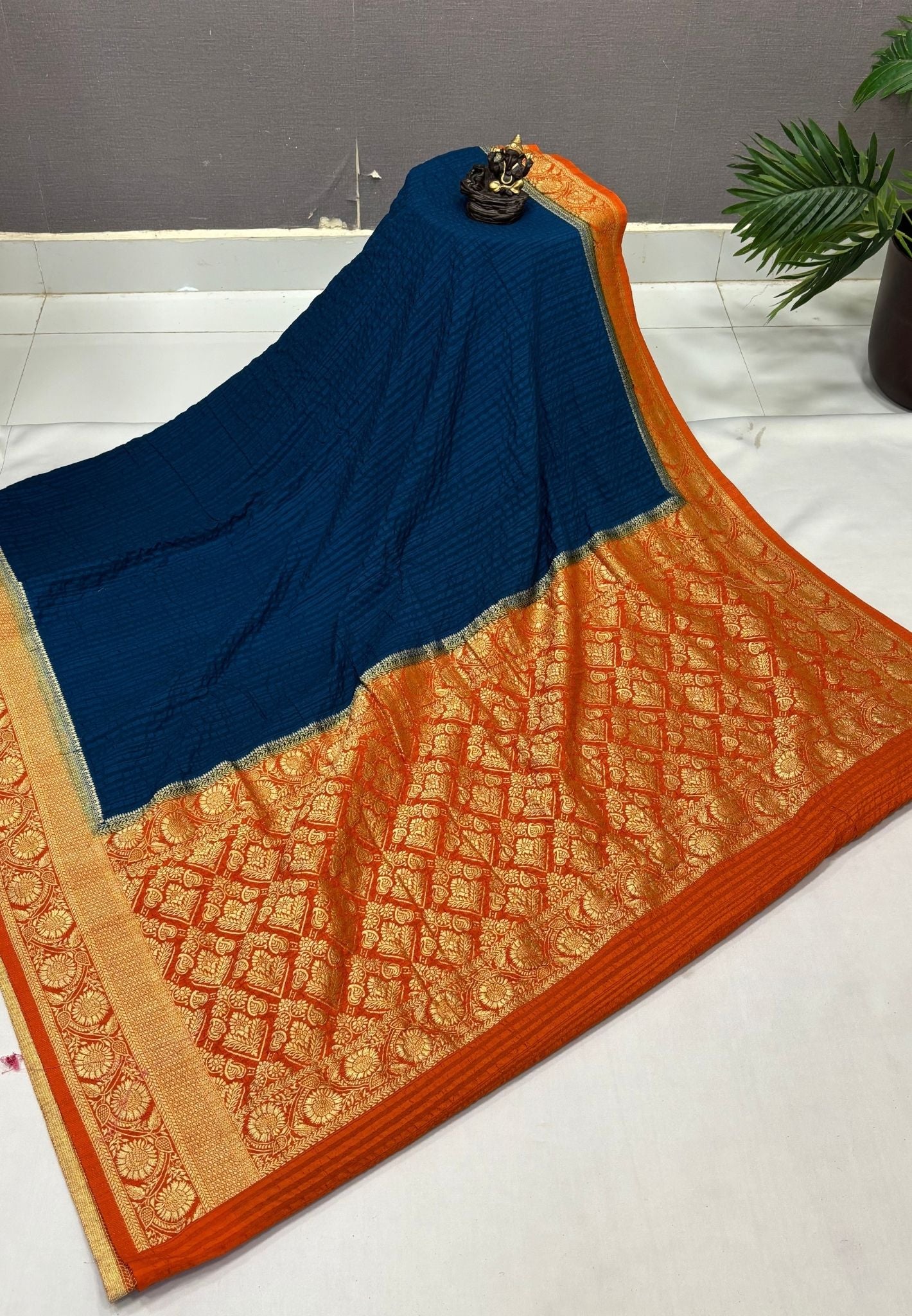 Banarasi Georgette Saree-Peacock Blue In Floral Jaal Zari With Contrast Border