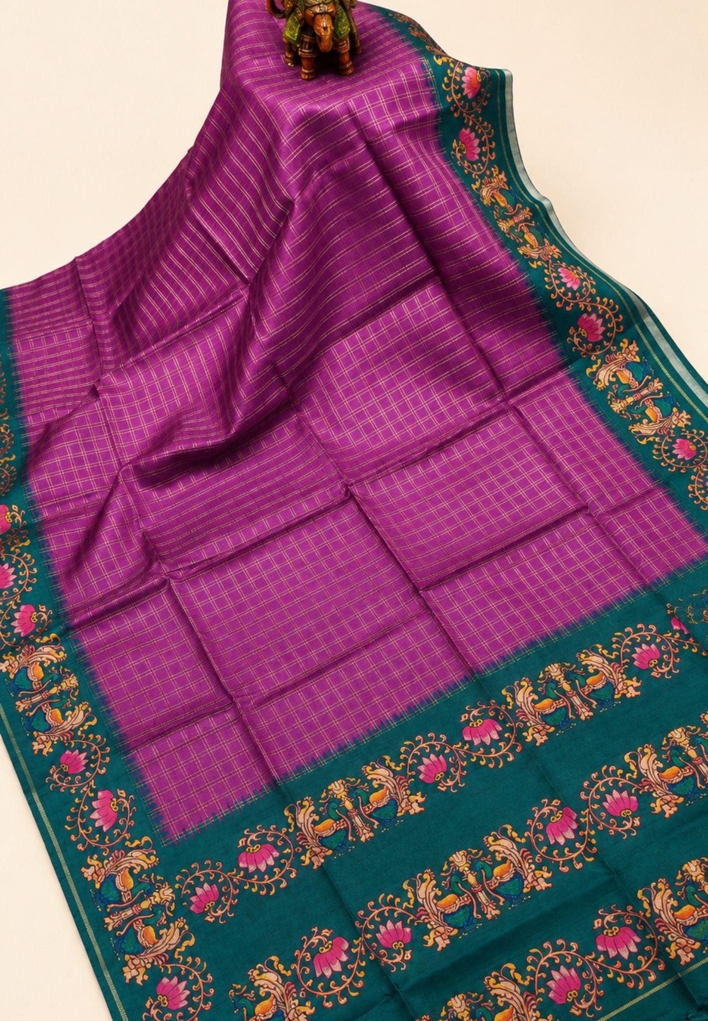 Premium Matka Tussar Saree-Magenta with Contrast Border in Tanjore Print