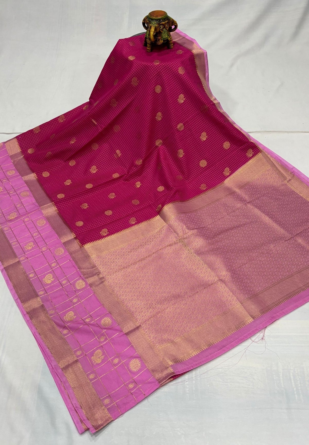 Art Mysore Silk Saree-Rani Pink in Checkered Pattern with Contrast Border