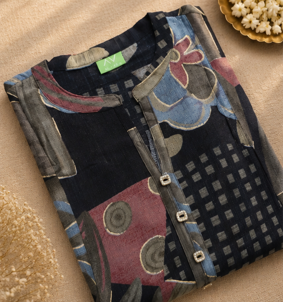 Kurti Top - Black Collar Button with Printed