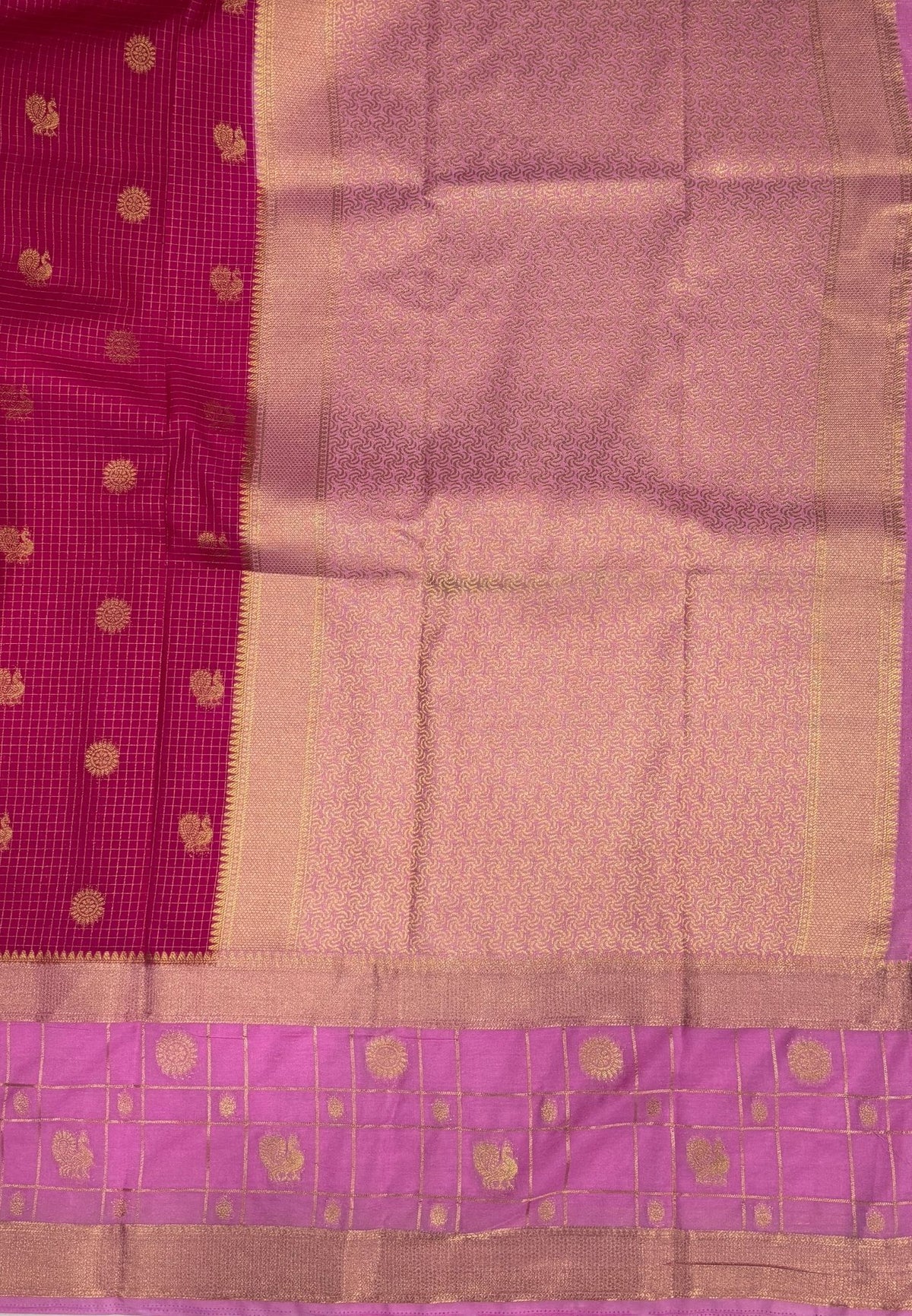 Art Mysore Silk Saree-Rani Pink in Checkered Pattern with Contrast Border