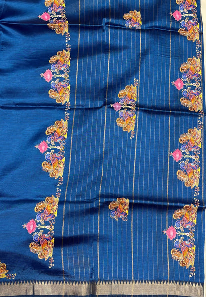 Pure Mangalgiri Silk Saree-Peacock Blue with Tanjore Print