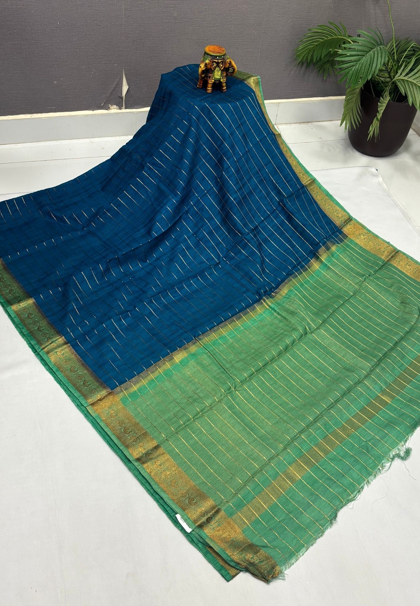 Semi Raw Silk Saree-Peacock Blue in Zari Lines with Contrast Annam Border