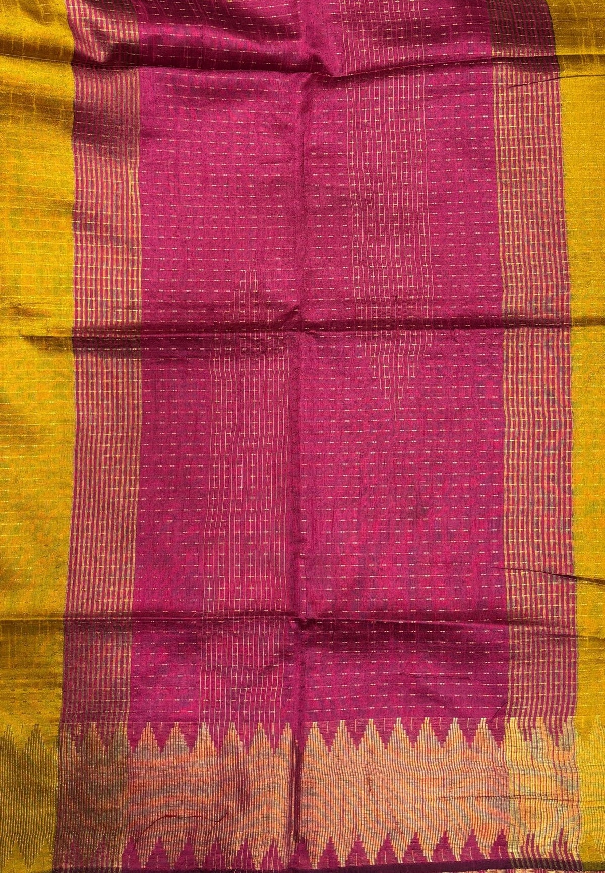 Semi Raw Silk Saree-Mustard In Zigzag Zari With Contrast Border