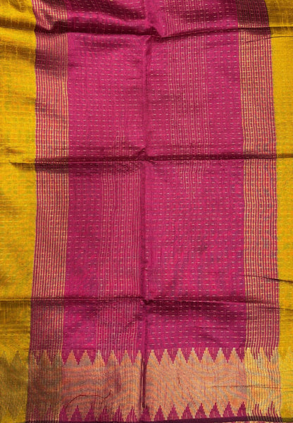 Semi Raw Silk Saree-Mustard In Zigzag Zari With Contrast Border