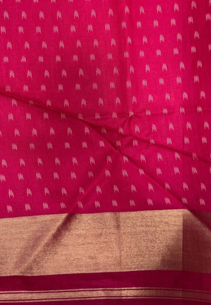 Semi Tussar Saree-Rani Pink In Geometric Ikat Butta Zari Border