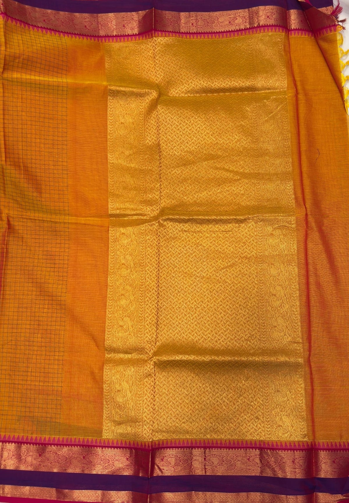 Rich Kanchi Cotton Saree-Mango Yellow in Checkered Pattern with Contrast Border