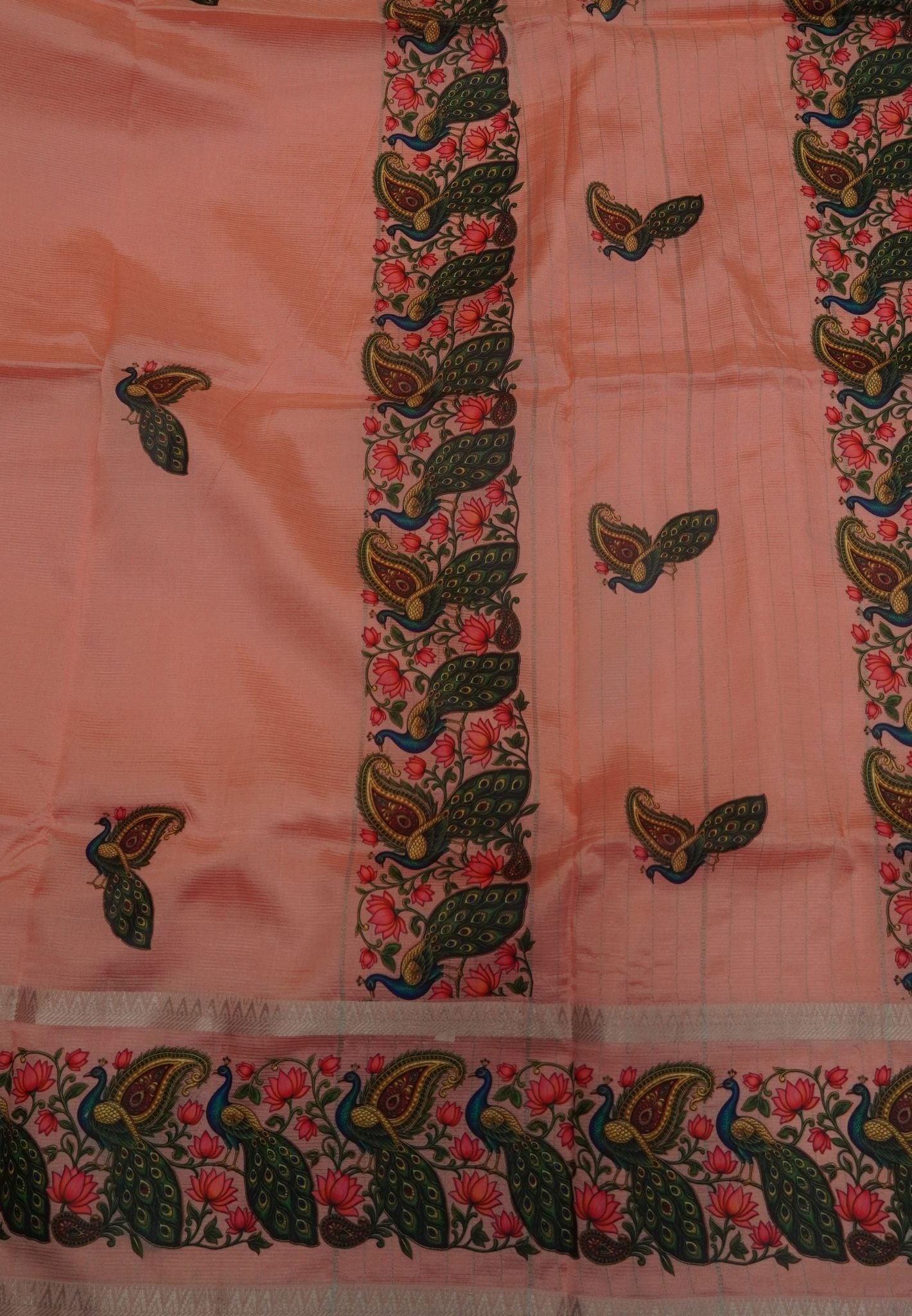 Pure Mangalgiri Silk Saree-Light Peach in Tanjore Print with Retapet Border