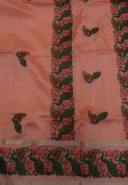 Pure Mangalgiri Silk Saree-Light Peach in Tanjore Print with Retapet Border