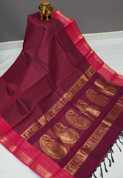 Chettinadu Cotton Saree-Burgundy Wine with in Vairaoosi Pattern