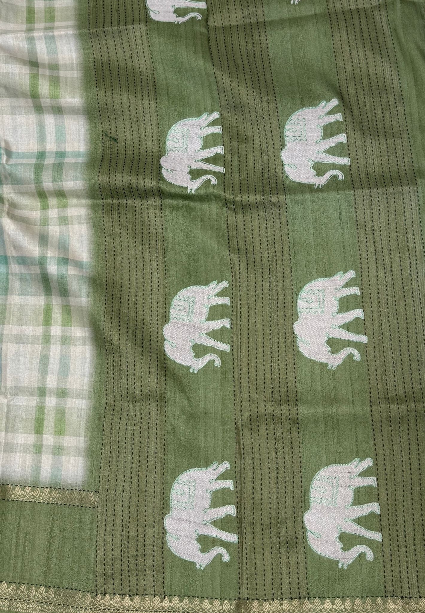 Soft Tussar Saree-Green In Checkered Patten With Elephant Embroidery