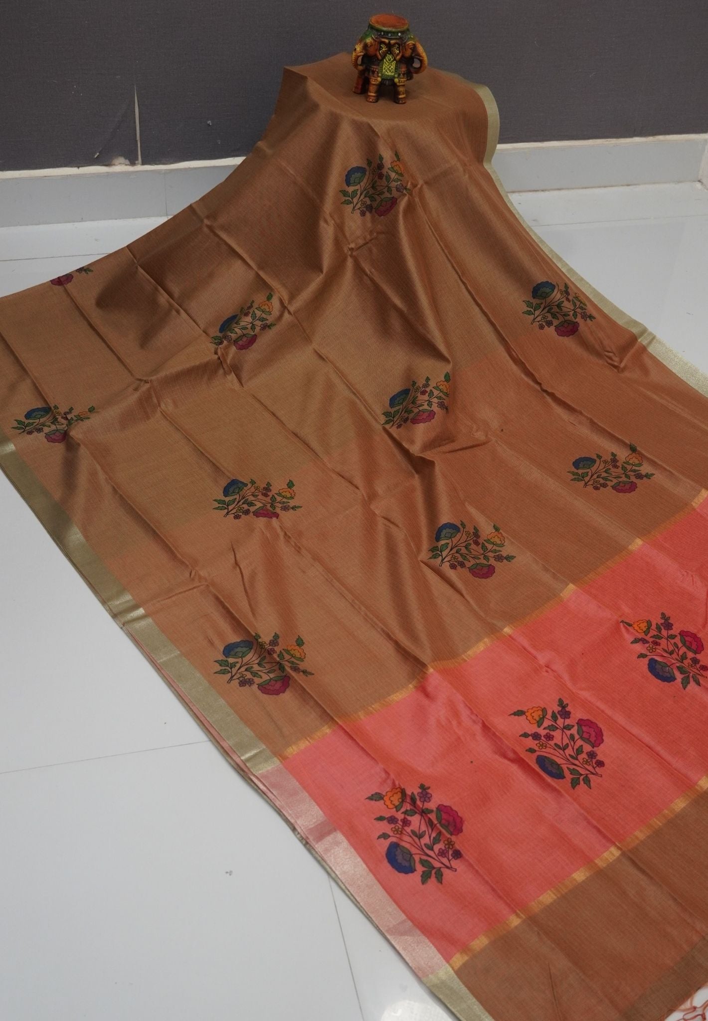 Cora Linen Saree-Brown with Kalasthri Print