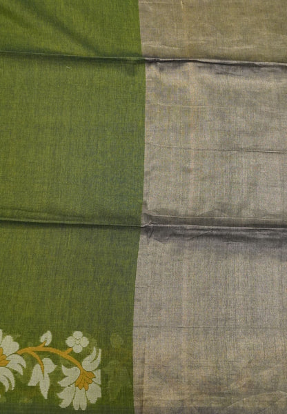 Handloom Cotton Saree-Sage Green Lotus Jamdhani Border