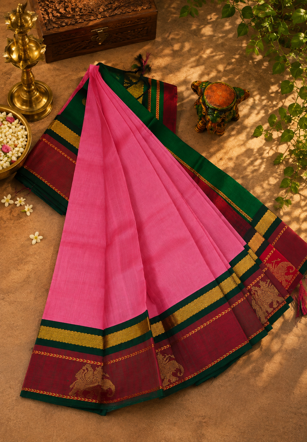Pure Silk Cotton Saree – Pink with Green Traditional Yali Border