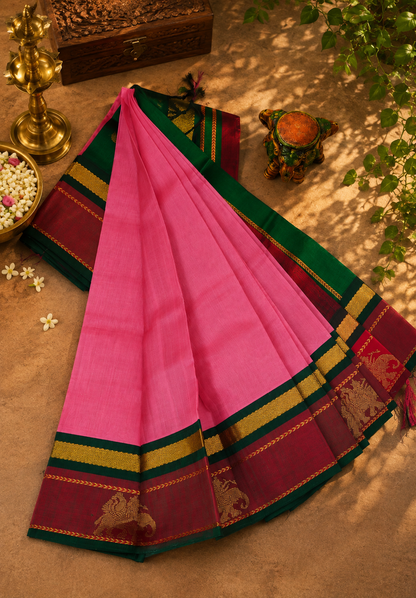 Pure Silk Cotton Saree – Pink with Green Traditional Yali Border