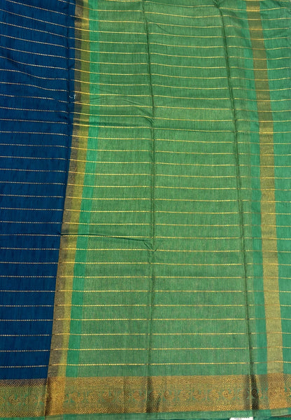 Semi Raw Silk Saree-Peacock Blue in Zari Lines with Contrast Annam Border