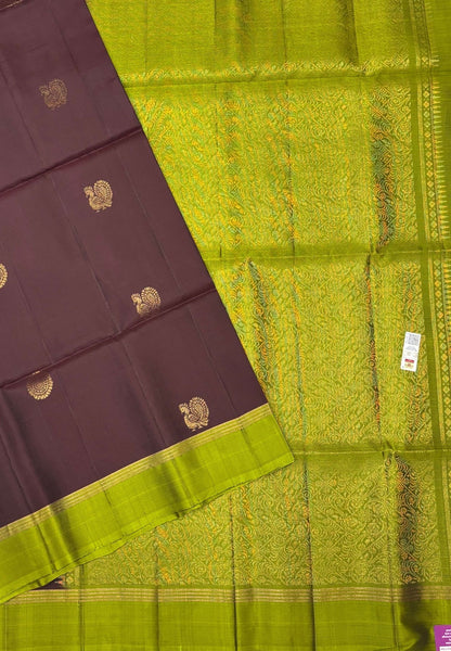 Pure Kanchipuram Silk Saree-Coffee Brown in Mayil Butta Zari Border
