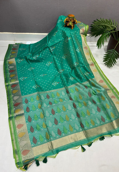 Semi Tussar Saree-Bright Green In Geometric Ikat Butta Zari Border