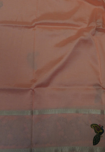 Pure Mangalgiri Silk Saree-Light Peach in Tanjore Print with Retapet Border