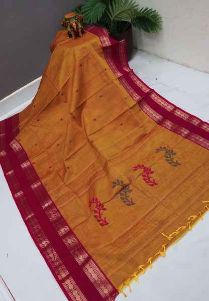 Kanchi Cotton Saree-Mustard-Pink Rudraksh