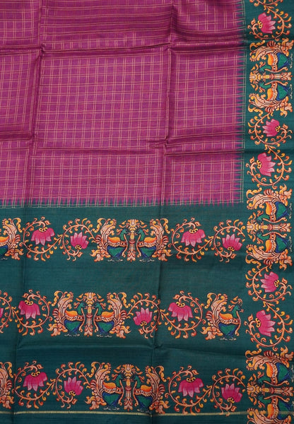 Premium Matka Tussar Saree-Magenta with Contrast Border in Tanjore Print