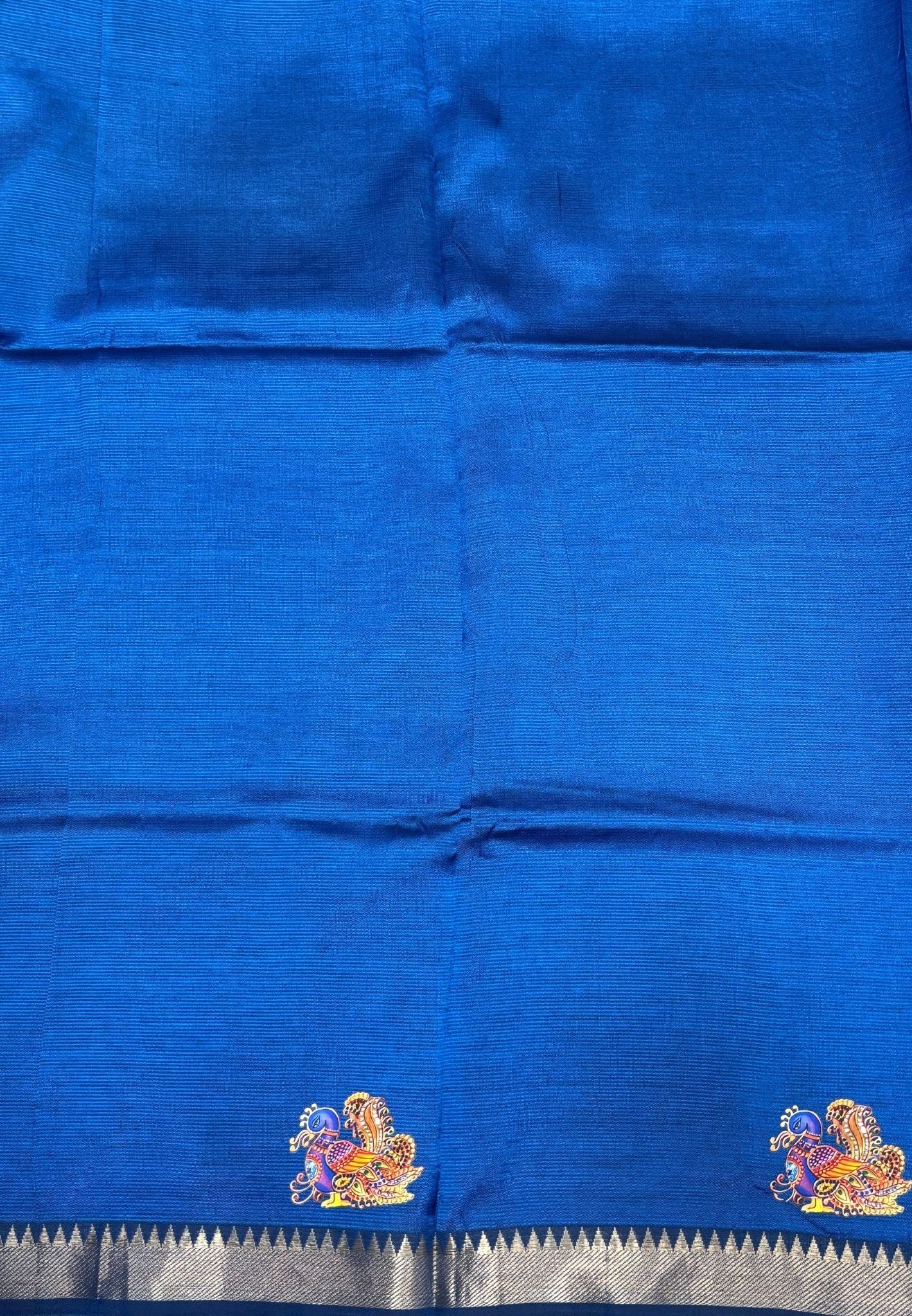 Pure Mangalgiri Silk Saree-Peacock Blue with Tanjore Print