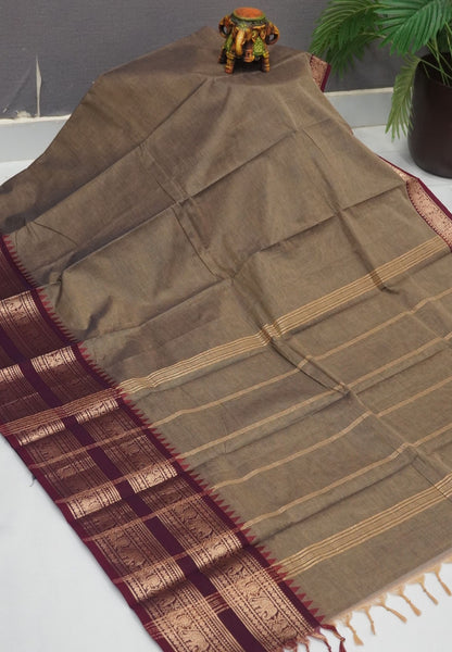 Chettinadu Cotton Saree-Bronze Beige with Elephant Big Border
